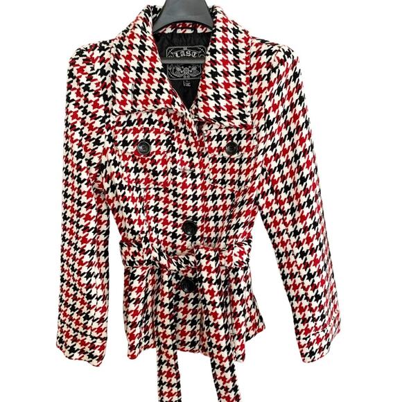 First Kiss Jackets & Blazers - Last Kiss Vintage 90's Red Black Houndstooth Double Breasted Pea Coat Large